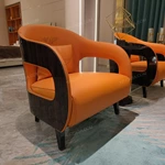 Beige Leather Sofa Set with Button Tufting Craftsmanship, Natural Wood Veneer & Orange Quilted Accents